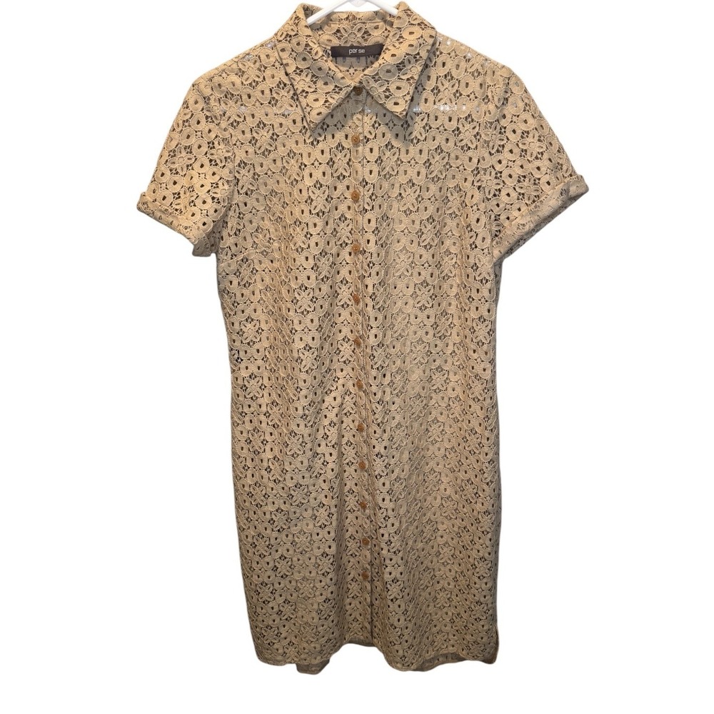 Per se Womens Tan Lace Shirt Dress Short Sleeve Button Front 10 Coquette Chic